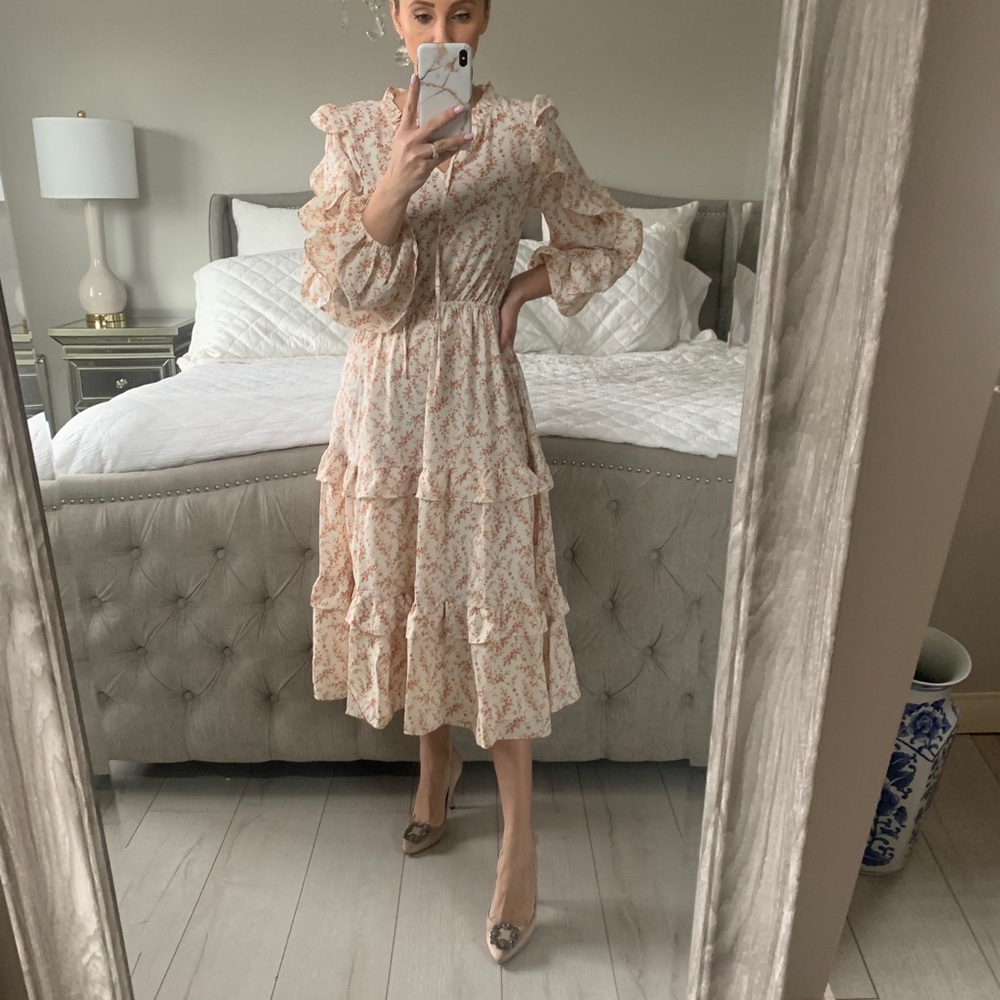 Shop Red Dress Aura Floral Ruffle Midi Dress - Picture 2 of 13